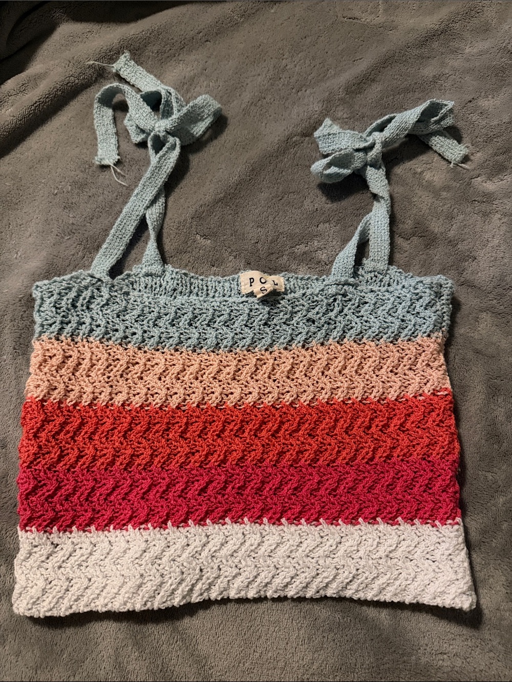 Striped Knit Tie-Shoulder Crop Top in Light Blue, Peach, Red, Pink, and White